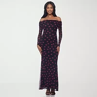 Premier Amour Womens Long Sleeve Off The Shoulder Polka Dot Maxi Dress