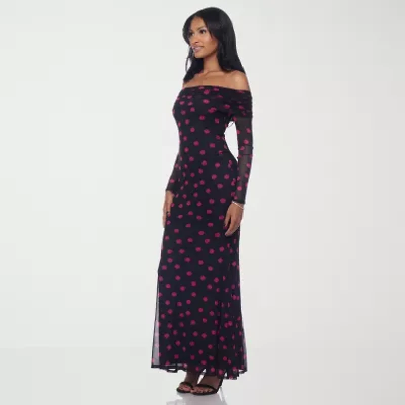 Premier Amour Womens Long Sleeve Off The Shoulder Polka Dot Maxi Dress