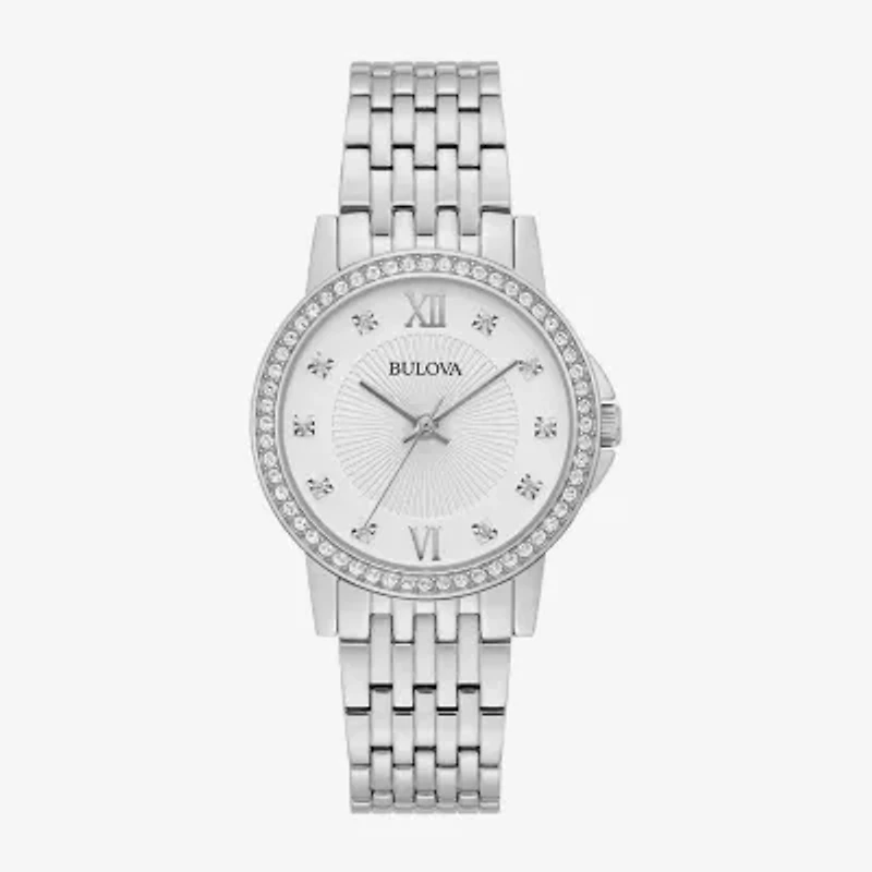Bulova Crystal Womens Crystal Accent Silver Tone Stainless Steel Bracelet Watch 96l297