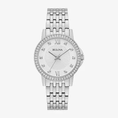 Bulova Crystal Womens Crystal Accent Silver Tone Stainless Steel Bracelet Watch 96l297