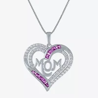Mom" Womens Lab Created Pink Sapphire Sterling Silver Heart 18 Inch Pendant Necklace