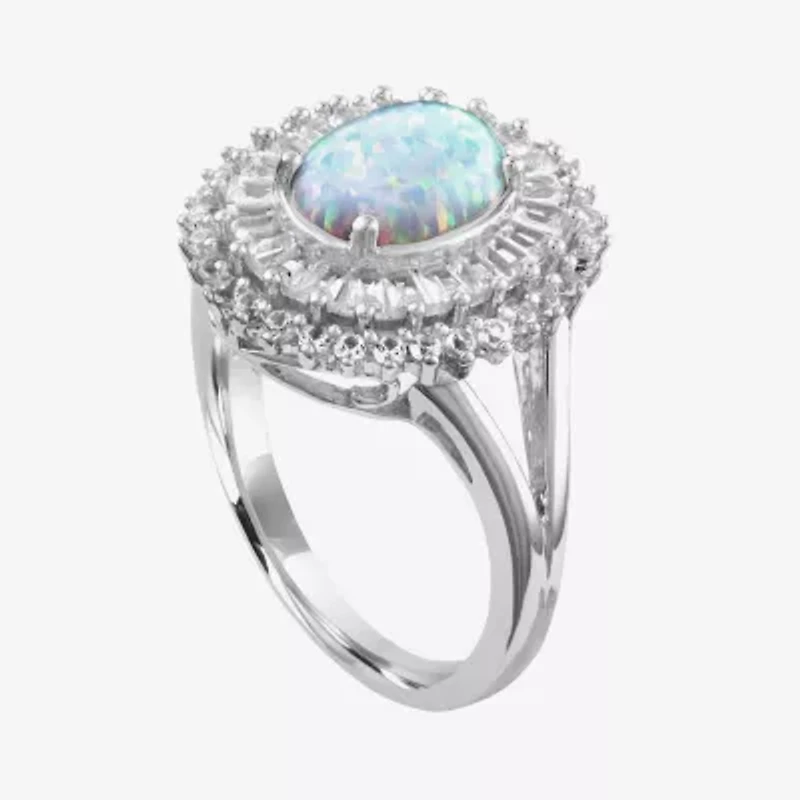 Womens Lab Created White Opal Sterling Silver Cocktail Ring