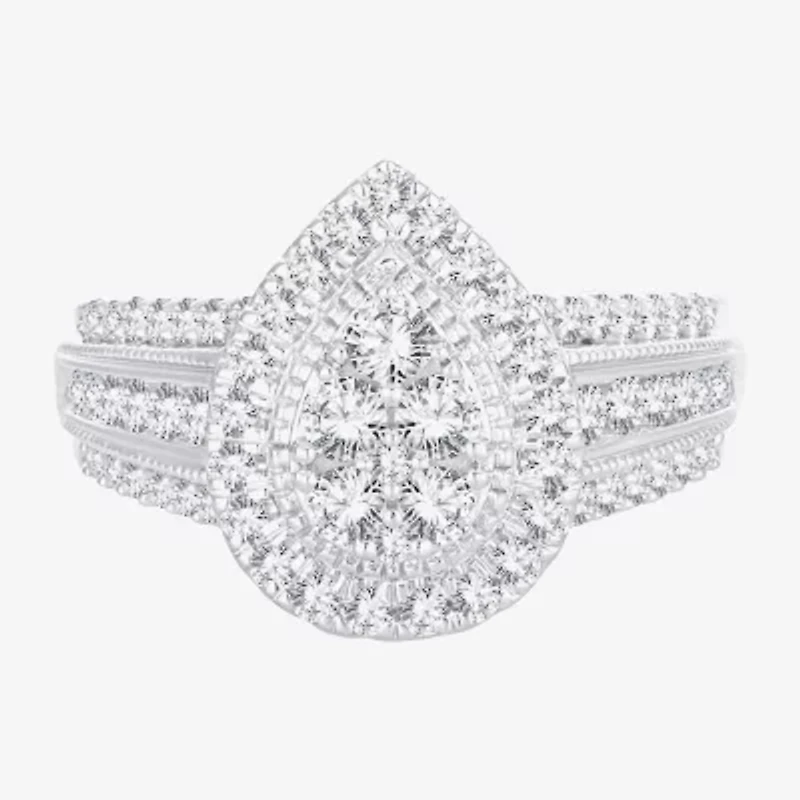 Womens 1 CT.T.W. Natural Diamond 10K or 14K White Gold Pear Side Stone Halo Engagement Ring