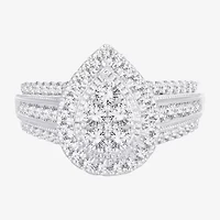 Womens 1 CT.T.W. Natural Diamond 10K or 14K White Gold Pear Side Stone Halo Engagement Ring