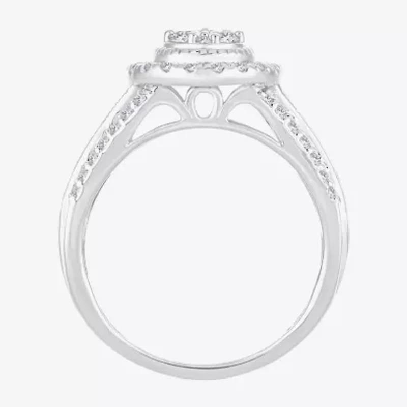 Womens 1 CT.T.W. Natural Diamond 10K or 14K White Gold Pear Side Stone Halo Engagement Ring