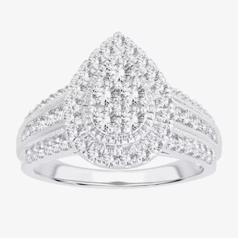 Womens 1 CT.T.W. Natural Diamond 10K or 14K White Gold Pear Side Stone Halo Engagement Ring