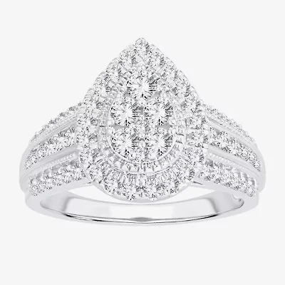Womens 1 CT.T.W. Natural Diamond 10K or 14K White Gold Pear Side Stone Halo Engagement Ring
