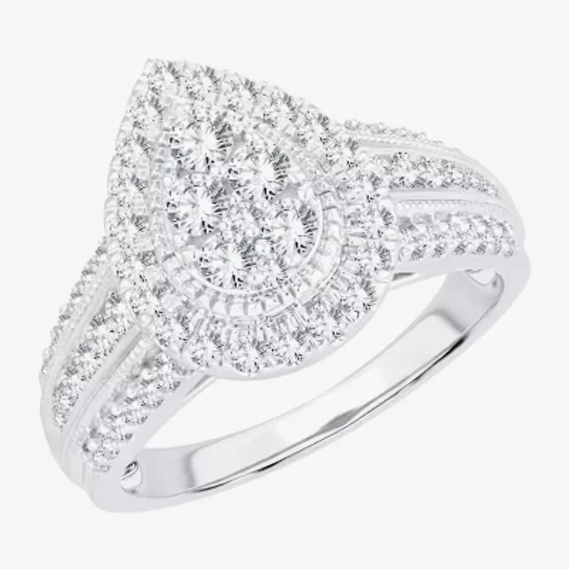 Womens 1 CT.T.W. Natural Diamond 10K or 14K White Gold Pear Side Stone Halo Engagement Ring