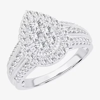 Womens 1 CT.T.W. Natural Diamond 10K or 14K White Gold Pear Side Stone Halo Engagement Ring