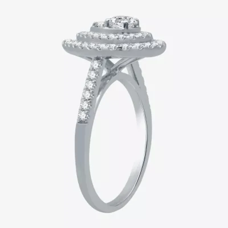 I Said Yes (H-I / I1) Womens 1 1/10 CT. T.W. Lab Grown White Diamond Sterling Silver or 14K Gold Over Pear Side Stone Halo Bridal Set