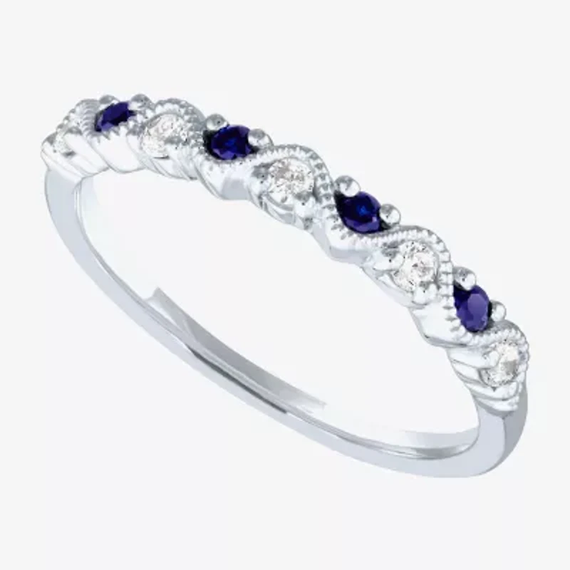 Modern Bride Gemstone Wedding Band with Emerald, Sapphire, or Lead Glass-Filled Ruby and 1/10 CT. T.W. Diamonds 10K Gold