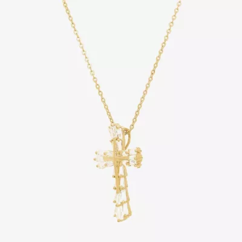 DiamonArt® Womens White Cubic Zirconia 14K Gold Over Silver Cross Pendant Necklace