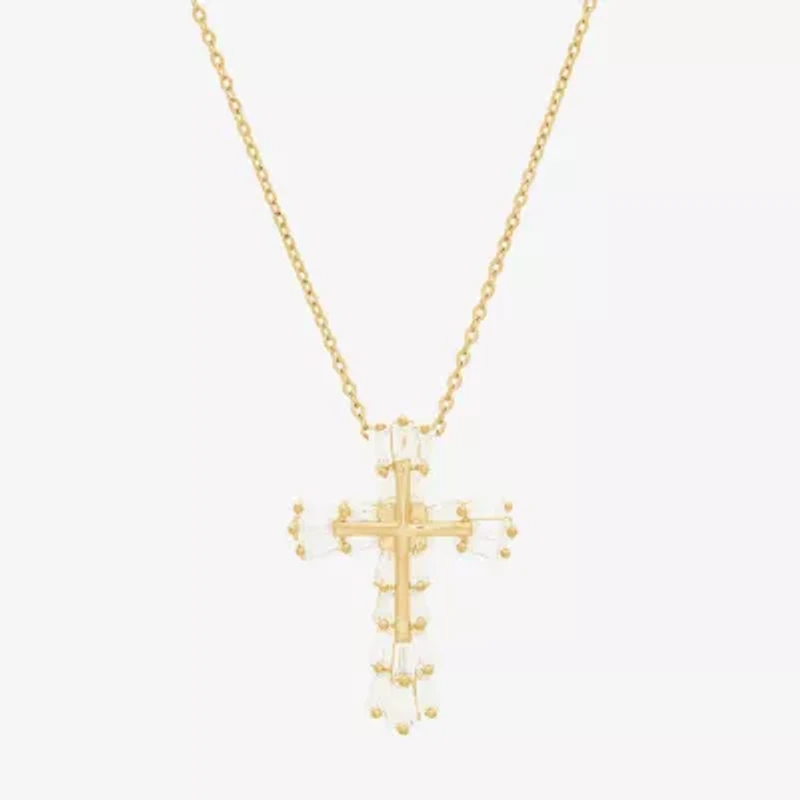 DiamonArt® Womens White Cubic Zirconia 14K Gold Over Silver Cross Pendant Necklace