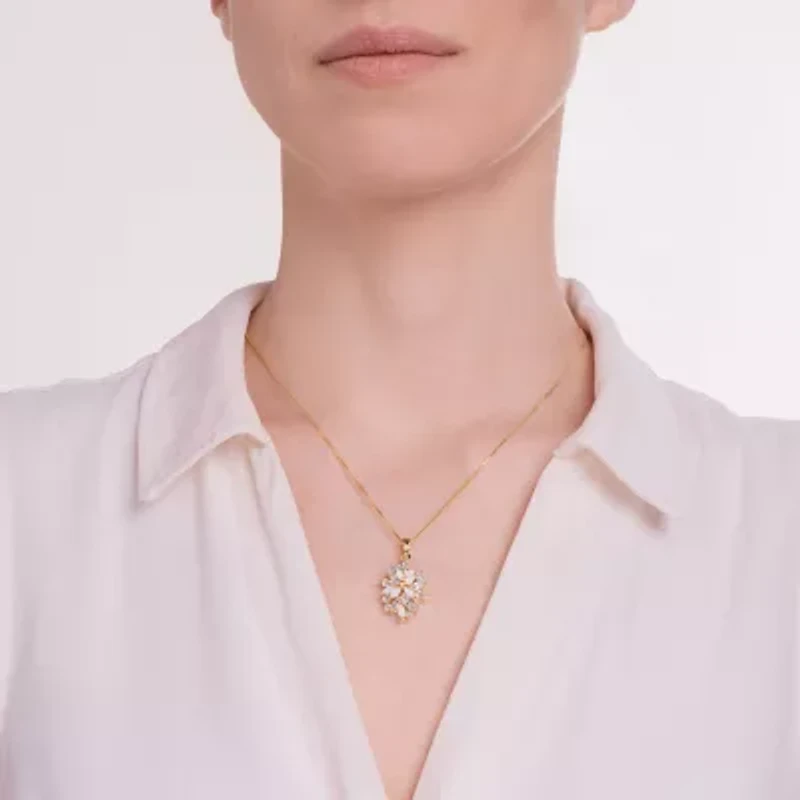 Womens Lab Created White Opal 18K Gold Over Silver Flower 18 Inch Pendant Necklace