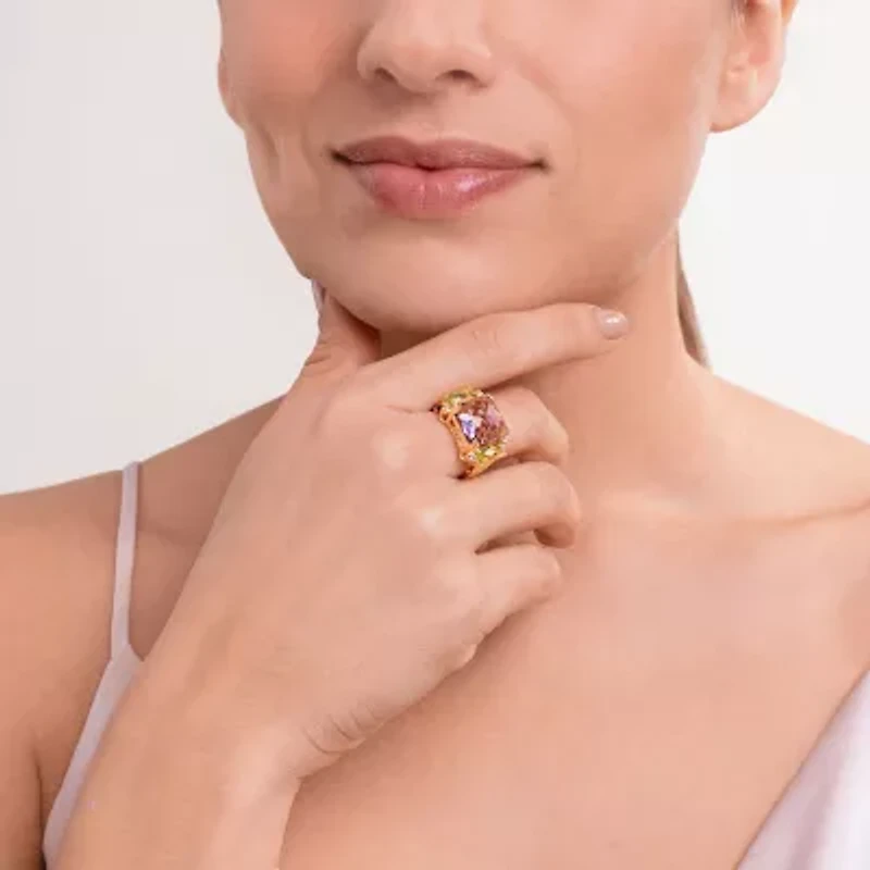 Womens Genuine Purple Amethyst 18K Gold Over Silver Square 3-Stone Cocktail Ring