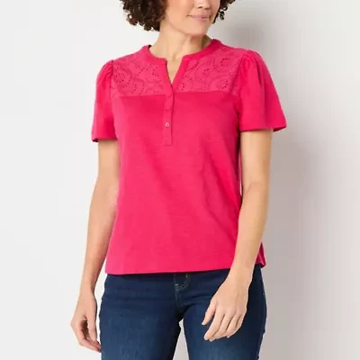Liz Claiborne Womens Split Crew Neck Short Sleeve Blouse