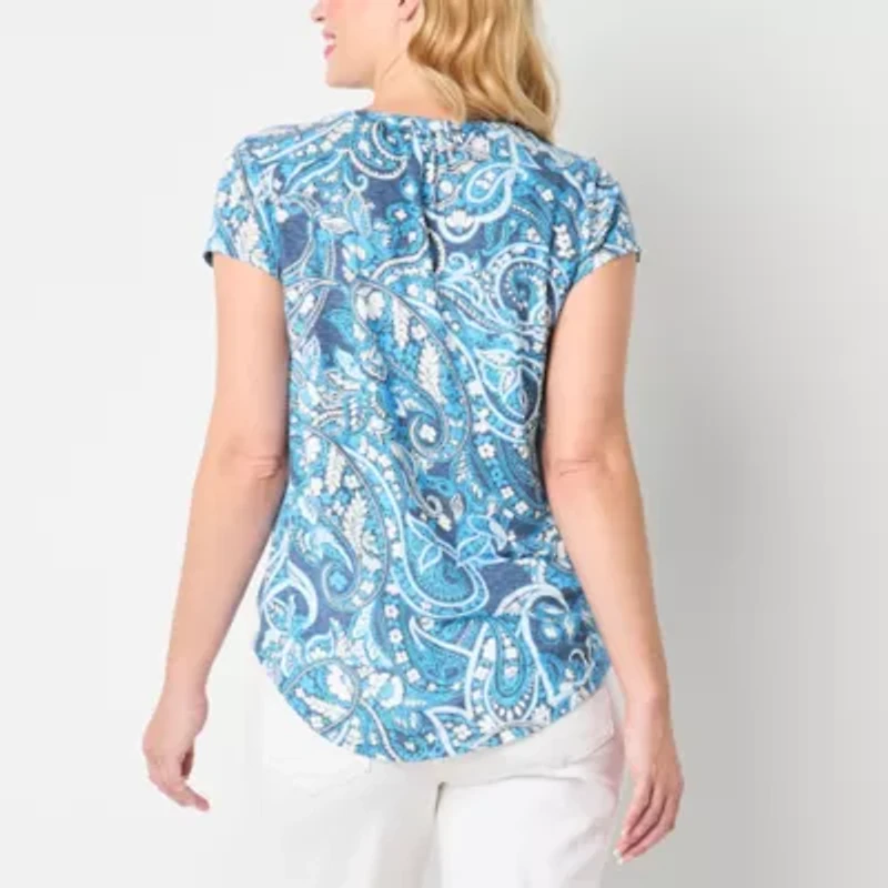 Liz Claiborne Womens Split Crew Neck Short Sleeve Blouse