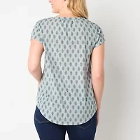 Liz Claiborne Womens Split Crew Neck Short Sleeve Blouse