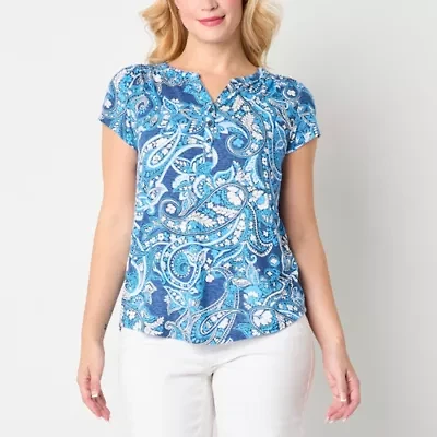 Liz Claiborne Womens Split Crew Neck Short Sleeve Blouse