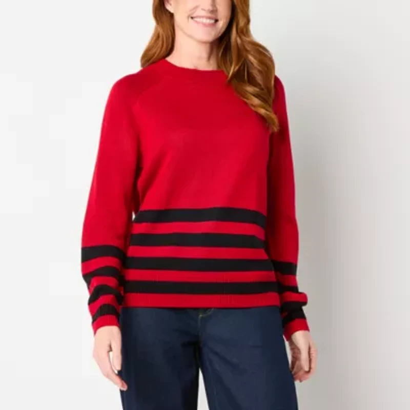 Liz Claiborne Womens Crew Neck Long Sleeve Striped Pullover Sweater