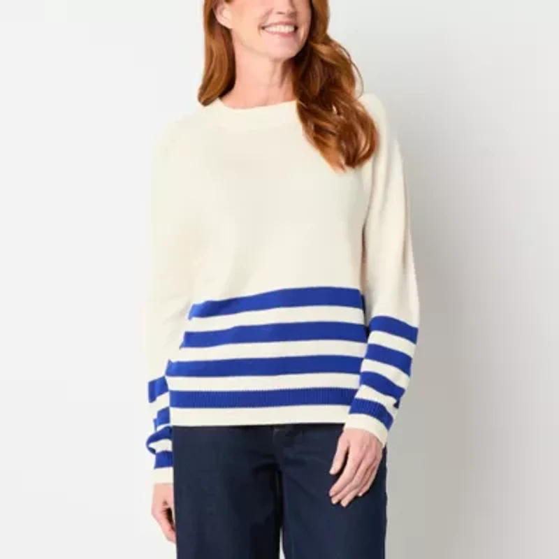 Liz Claiborne Womens Crew Neck Long Sleeve Striped Pullover Sweater