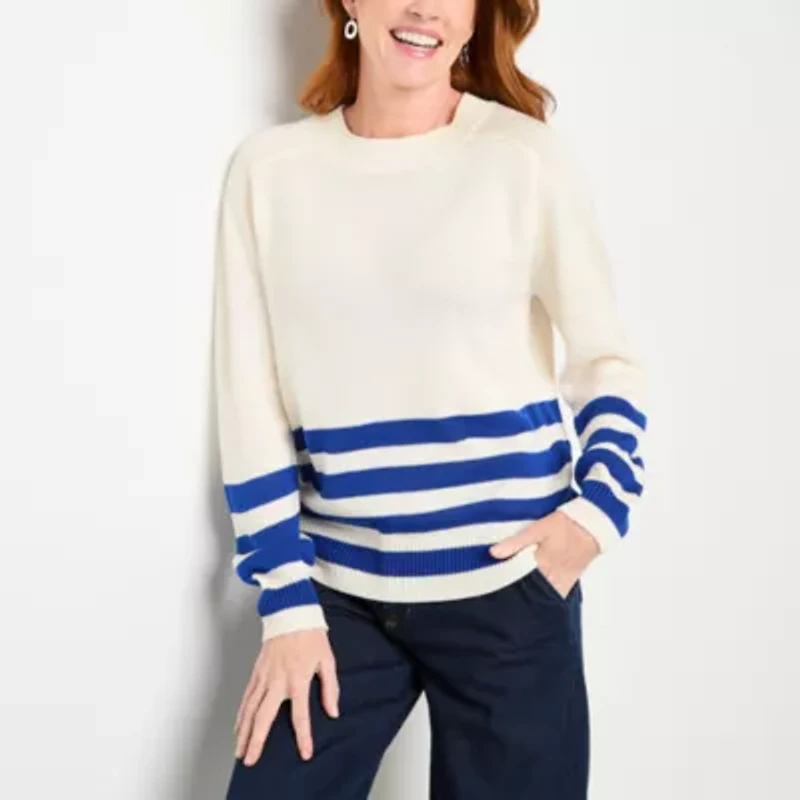Liz Claiborne Womens Crew Neck Long Sleeve Striped Pullover Sweater