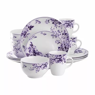 Elama Traditional Purple Rose 16-pc. Stoneware Dinnerware Set
