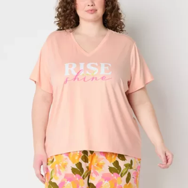 Sleep Chic Womens V Neck Short Sleeve Plus Pajama Top