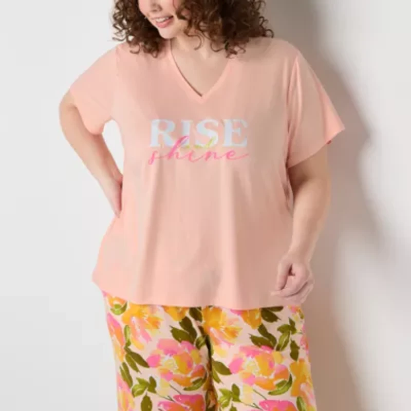 Sleep Chic Womens V Neck Short Sleeve Plus Pajama Top