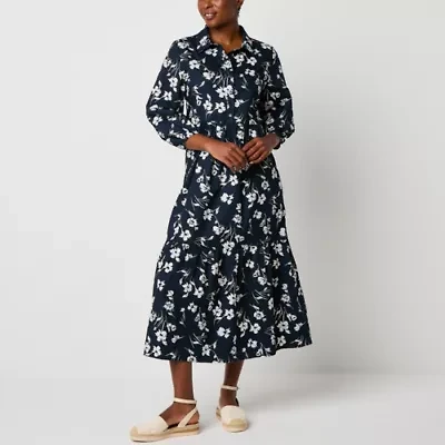 Be by CHETTA B Womens 3/4 Sleeve Midi Floral Shirt Dress