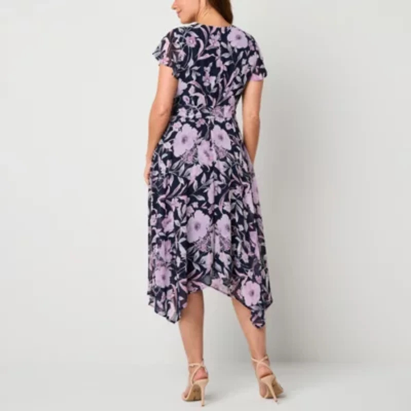 R & K Originals Womens Short Sleeve Floral Midi Fit + Flare Dress