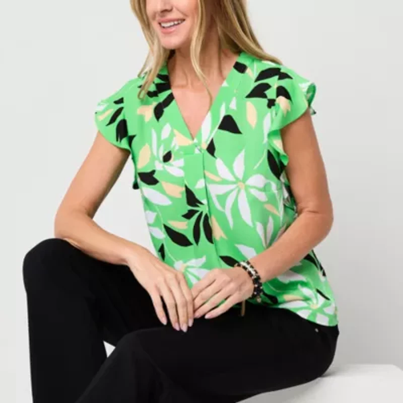 Liz Claiborne Shine Womens V Neck Short Sleeve Blouse