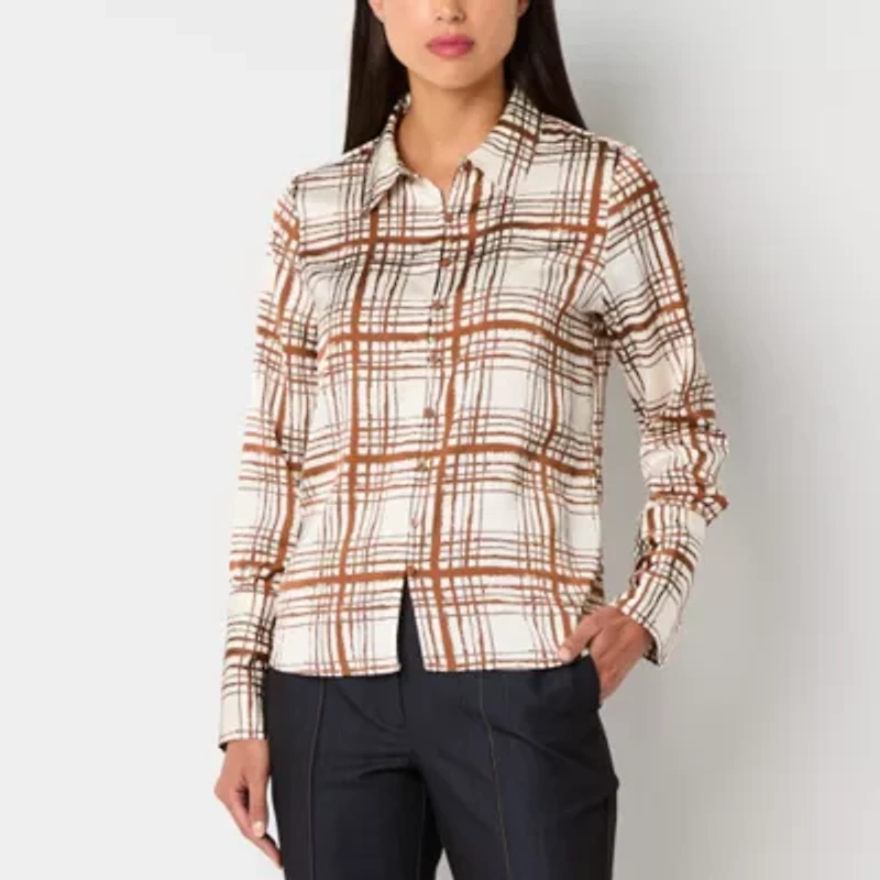 Worthington Womens Long Sleeve Cuffed Fitted Button-Down Shirt