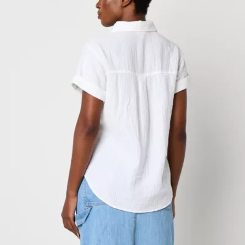 a.n.a Womens Easy-on + Easy-off Short Sleeve Fitted Sleeve Regular Fit Button-Down Shirt
