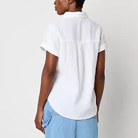 a.n.a Womens Easy-on + Easy-off Short Sleeve Fitted Sleeve Regular Fit Button-Down Shirt