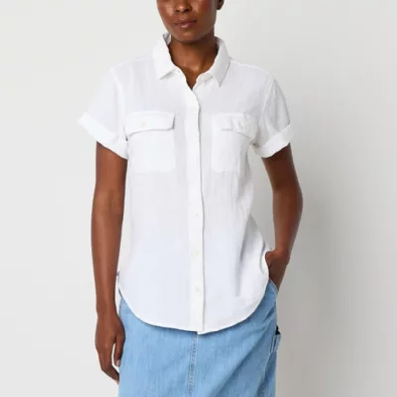 a.n.a Womens Easy-on + Easy-off Short Sleeve Fitted Sleeve Regular Fit Button-Down Shirt