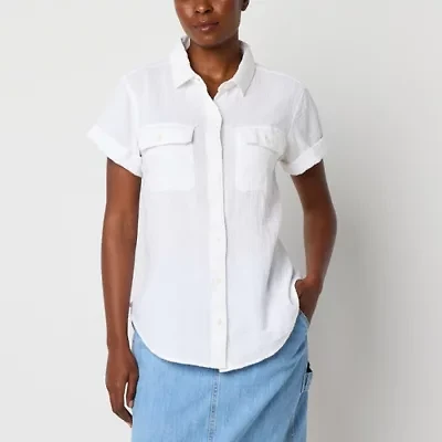 a.n.a Womens Easy-on + Easy-off Short Sleeve Fitted Sleeve Regular Fit Button-Down Shirt