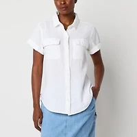 a.n.a Womens Easy-on + Easy-off Short Sleeve Fitted Sleeve Regular Fit Button-Down Shirt