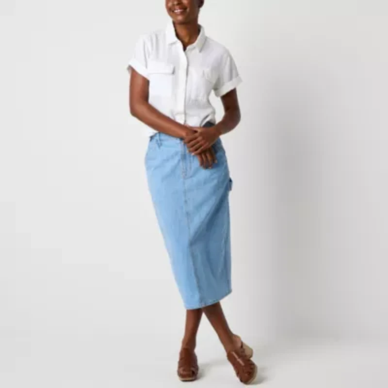a.n.a Womens Easy-on + Easy-off Short Sleeve Fitted Sleeve Regular Fit Button-Down Shirt