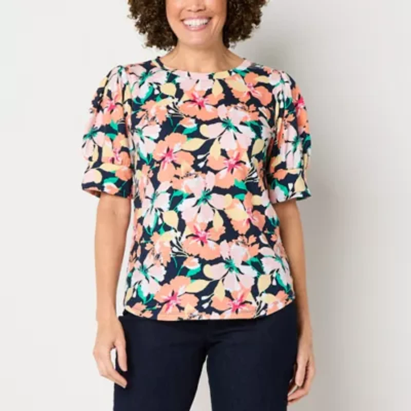 Liz Claiborne Womens Crew Neck Short Sleeve Blouse
