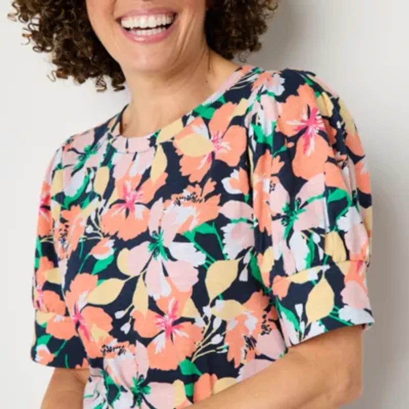 Liz Claiborne Womens Crew Neck Short Sleeve Blouse