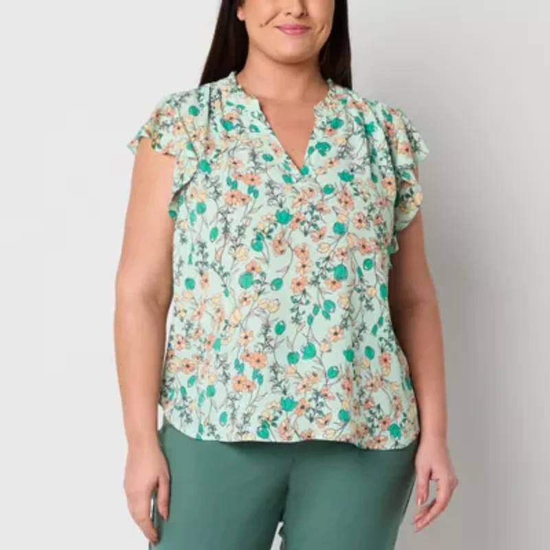 Liz Claiborne Womens Split Crew Neck Sleeveless Plus Blouse