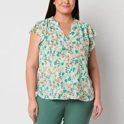 Liz Claiborne Womens Split Crew Neck Sleeveless Plus Blouse
