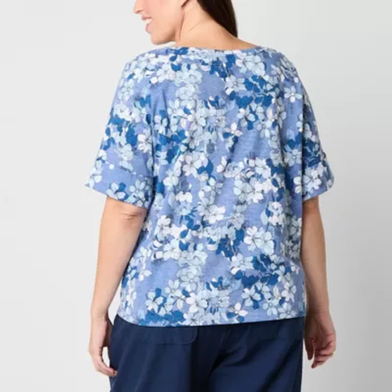 Liz Claiborne Womens Boat Neck Short Sleeve Plus Blouse
