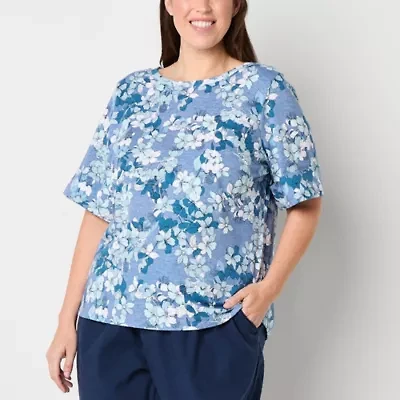 Liz Claiborne Womens Boat Neck Short Sleeve Plus Blouse