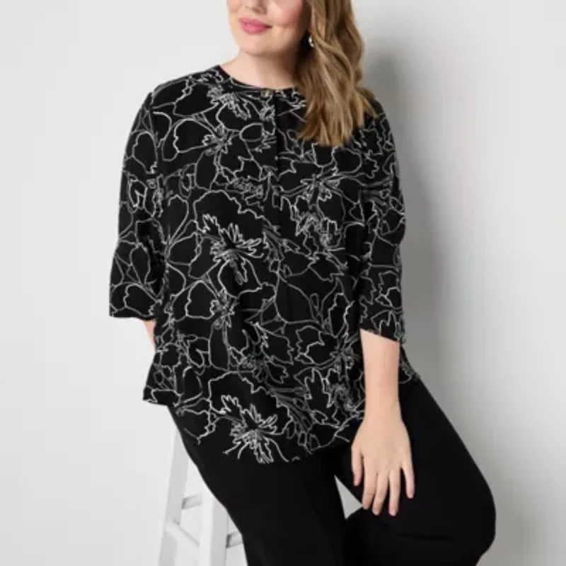 Liz Claiborne Plus Womens 3/4 Sleeve Tunic Top