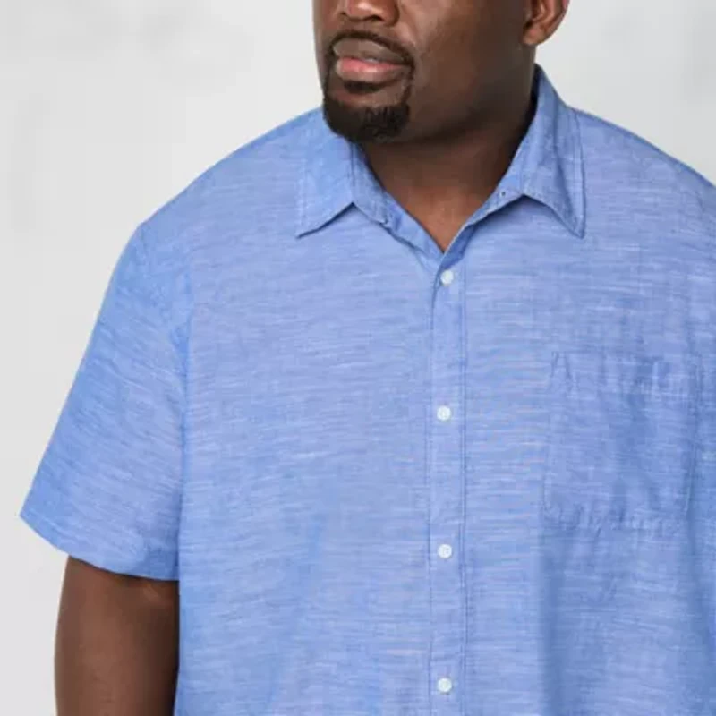 St. John's Bay Chambray Mens Easy-on + Easy-off Short Sleeve Classic Fit Big and Tall Button-Down Shirt