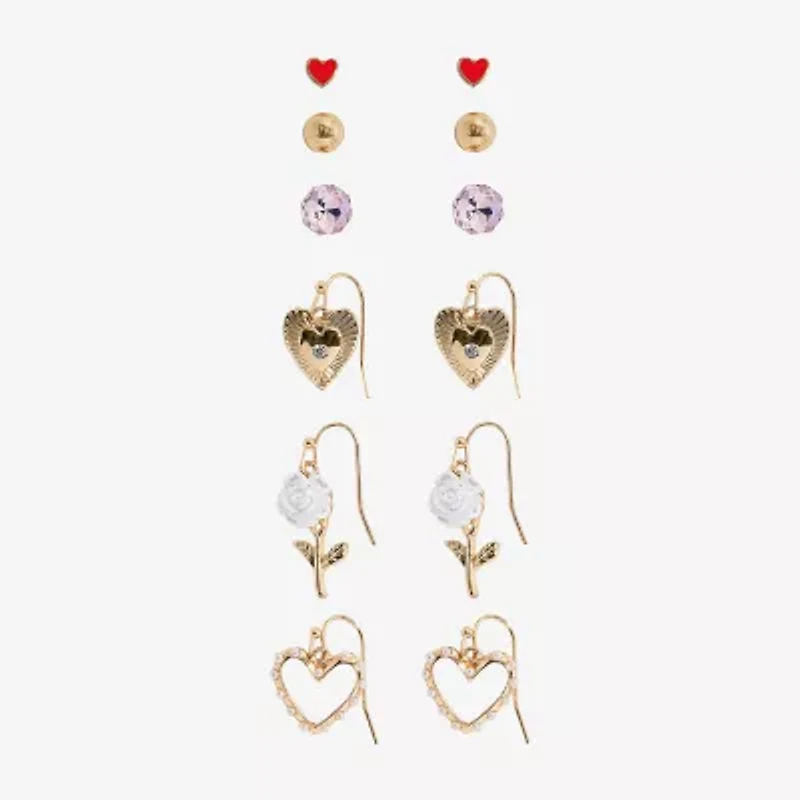 Arizona Gold Tone Womens Flower Heart 6 Pair Earring Set