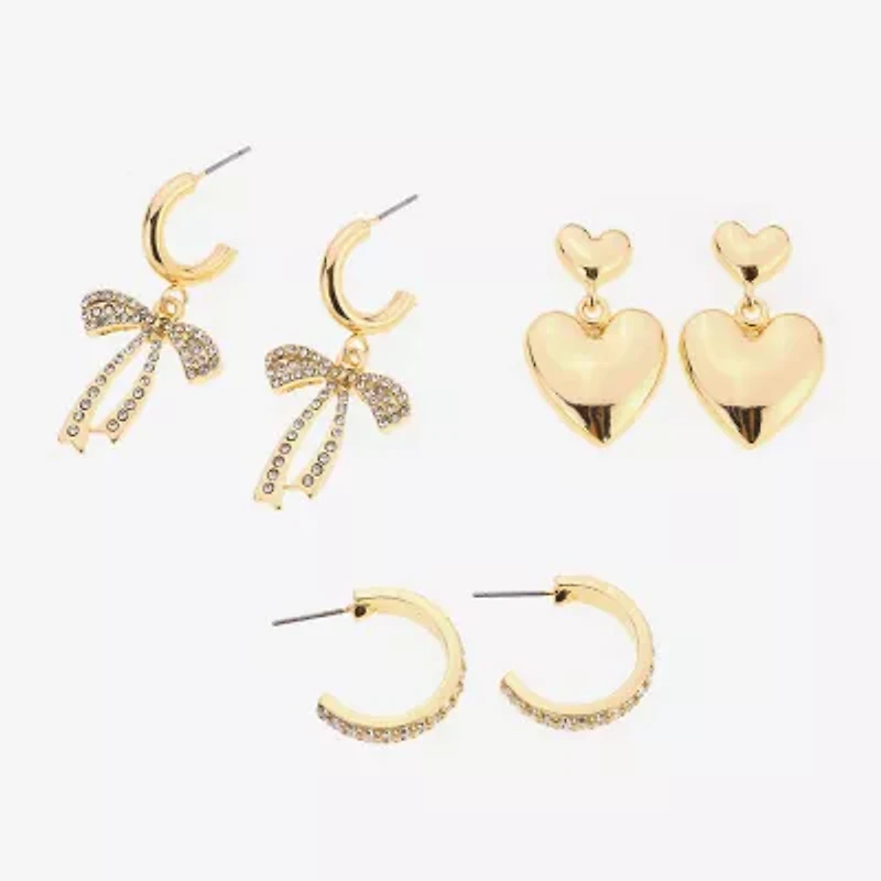 Bijoux Bar Gold Tone Womens Glass Bow Heart 3 Pair Earring Set