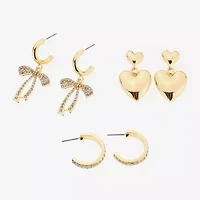 Bijoux Bar Gold Tone Womens Glass Bow Heart 3 Pair Earring Set
